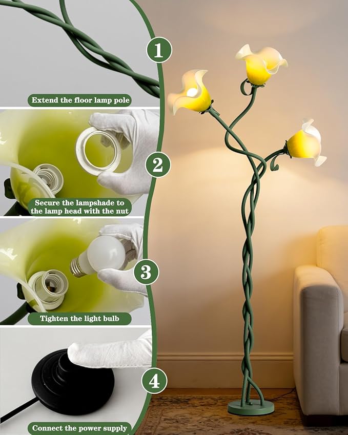Flower Floor Lamp for Living Room,Tall Standing Reading Lamp with Flexible Neck,3 Color Temperatures LED Dimmable Decorative Light,Green Calla Floor Lamp for Bedroom Corner (Green)