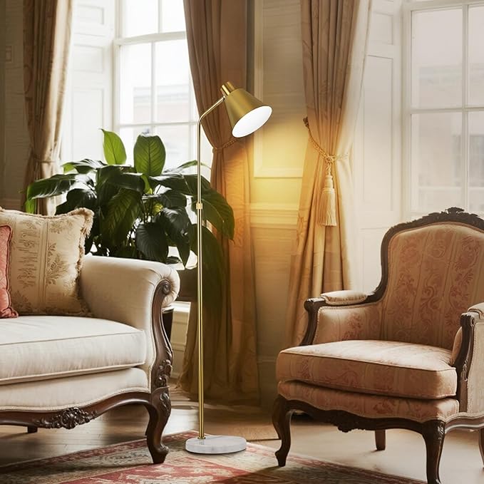 Modern Gold Reading Lamps Floor Standing, 12W Dimmable LED Vintage Brass Standing Lamp for Bedroom, Adjustable Heights Antique Brass Tall Floor Lamp, for Reading Home Corner Living Room