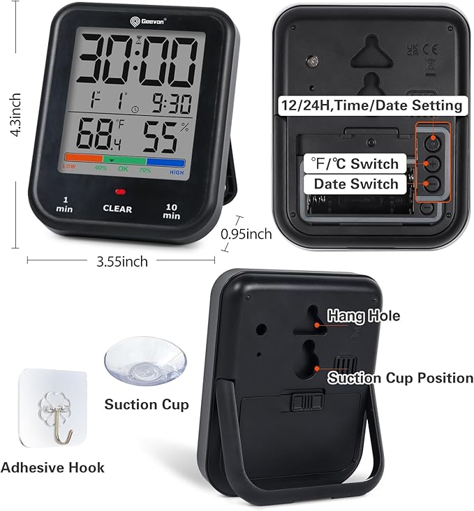 Geevon Digital Bathroom Clock, Waterproof Shower Timer with Large Touch Screen, Battery Operated Bathroom Wall Clock with Temperature & Humidity Display - Suction Cup/Hanging Hole/Stand (Black)