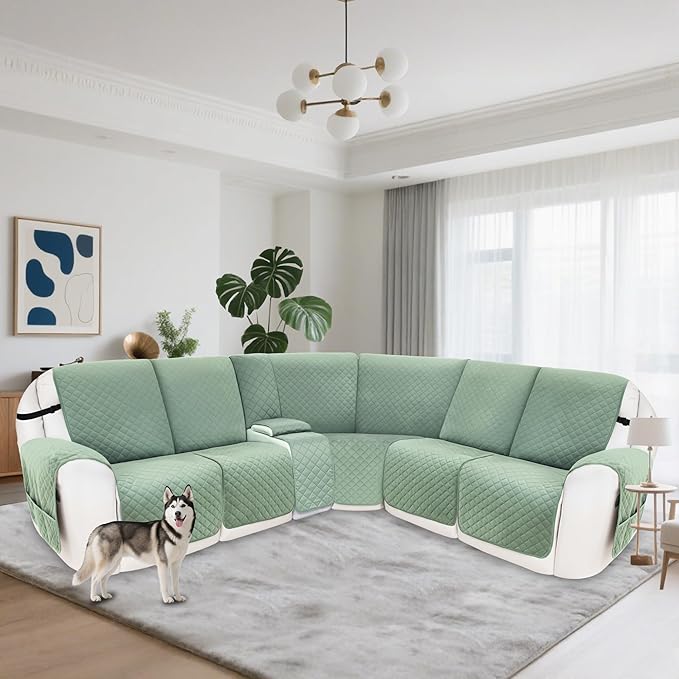 Reclining Sectional Couch Covers 100% Waterproof Velvet L Shape Recliner Couch Covers for Sofa Pets Washable Anti Slip Recliner Slipcovers with Pockets (5 Seat Sofa with 1 Console, Sage Green)