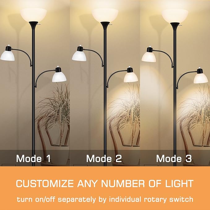 Luvkczc Floor Lamps for Living Room, 72" Tall Torchiere Floor Lamp with 8W Adjustable Reading Lights, Industrial Lamps for Living Room, Bedroom, Office, Black Tree Floor Lamp【3 Bulbs Included】