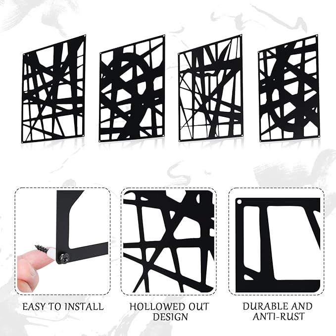 Bdor Decorative Metal Panels, Set of 4, 10.98" x 15.94", Modern Geometric Design, Black Metal Wall Art, Room Dividers, Architectural Elements for Home and Office Décor