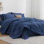 Love's cabin California King Comforter Set Dark Blue, 7 Pieces California King Bed in a Bag, All Season Bedding Sets with 1 Comforter, 1 Flat Sheet, 1 Fitted Sheet, 2 Pillowcase and 2 Pillow Sham
