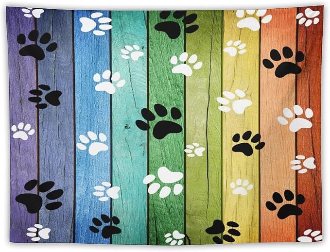 VUMIVI Dog Paw Tapestry Vintage Rustic Colorful Barn Boards Black White Animal Footprints Tapestry Wall Hanging for Living Room Bedroom Dorm Classroom Aesthetic Decor W40xL30in