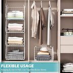 X-cosrack 4 Tier Closet Hanging Organizer, Foldable Closet Shelving with 2 Hanging Hooks 5 S Hooks, Wire Storage Basket for Wardrobe Laundry Room, for Clothing Sweaters Shoes Handbags Patent-White