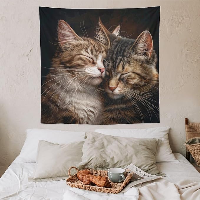 VUMIVI Cat Tapestry Adorable Animals Two Kittens Snuggling Together Vintage Print Realistic Design Tapestry Wall Hanging for Living Room Bedroom Dorm Classroom Aesthetic Decor W60xL60in