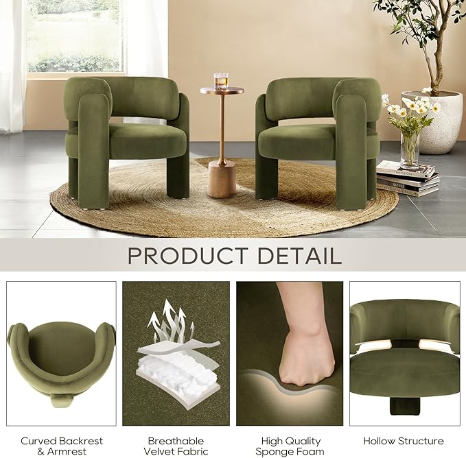 COLAMY Modern Accent Chair, Velvet Accent Chairs, Upholstered Barrel Chairs with Solid Wood Legs, Comfy Side Chair for Living Room, Bedroom, Reading, Cozy Reading Chair,Green