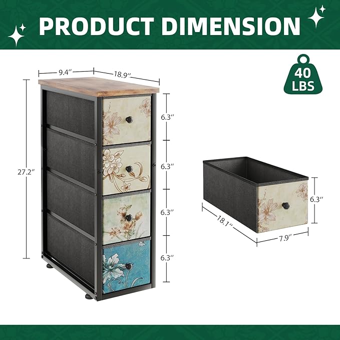 Narrow Dresser, Narrow Nightstand Dresser Storage Tower with 4 Drawers, Slim Fabric Dressers Chest of Drawers for Small Spaces, Retro Flower Dressers, for Bedroom Bathroom Laundry Closet, Vintage