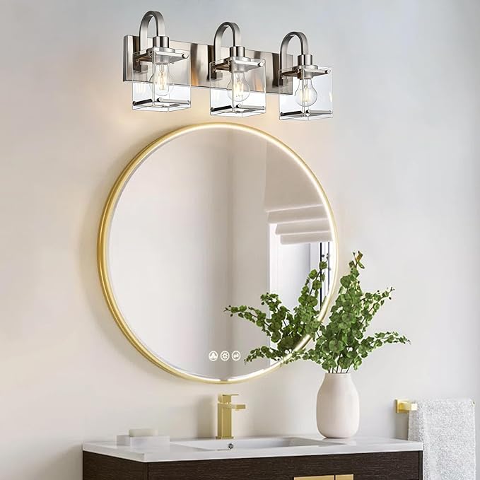 3-Light Bathroom Vanity Light Fixtures, Modern Vanity Lights with Clear Glass Shade Wall Light Brushed Nickel Wall Sconce Lighting for Living Room, Bedroom Kitchen Farmhouse