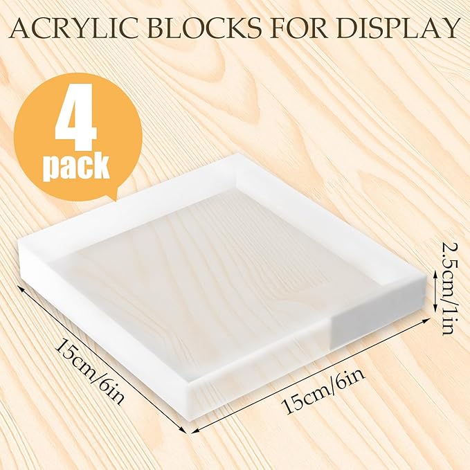 4 Pack 6 x 6 x 1 Inch Acrylic Blocks for Display, Acrylic Base Stand, Clear Polished Acrylics Cubes, Jewelry Displays Stand Pedestal Stand for Collectibles Jewelry Props Plant Display