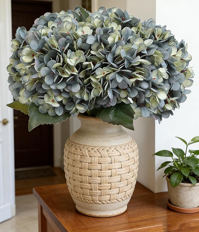 Kimura's Cabin 6pcs Artificial Silk Hydrangea Flowers Vintage Fake Bouquets Faux Hydrangeas Flower with Stems for Wedding Party Autumn Farmhouse Home Table Core Decoration (Deep Lake Blue)
