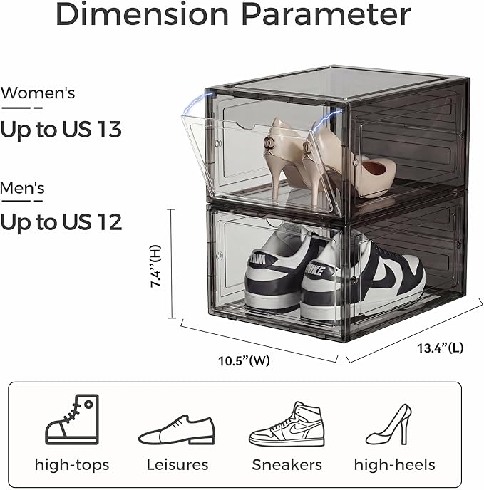 Pinkpum Upgraded Hard Shoe Storage Box 6 Pack X-Large Fit Size 12, Thicken & Sturdy Clear Plastic Stackable Shoe Organizer Box Closet, Sneaker Storage Display Case Holder Bins with Magnetic Door Black
