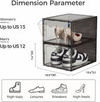 Pinkpum Upgraded Hard Shoe Storage Box 6 Pack X-Large Fit Size 12, Thicken & Sturdy Clear Plastic Stackable Shoe Organizer Box Closet, Sneaker Storage Display Case Holder Bins with Magnetic Door Black