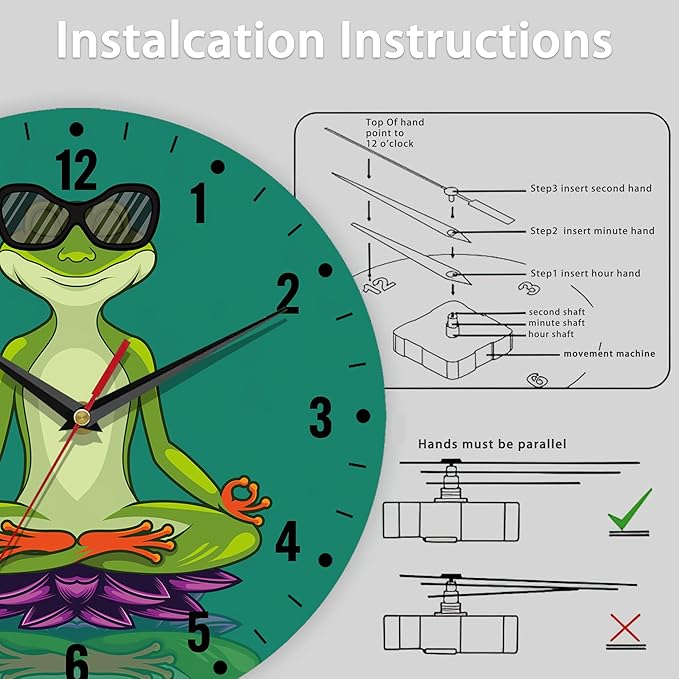 SPUNKER Wall Clock,Funny Frog Wall Clocks for Living Room Decor,Yoga Lotus Flower Kitchen Clocks Wall Battery Operated - 10 Inch Round Bathroom Wall Clock Silent Non-Ticking