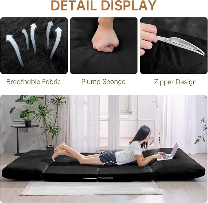 Bean Bag Chairs for Adults,Folding Sofa Bed,Floor Couch Bed, Foam Filling Fold Floor Mattress with Washable Soft Faux Fur Cover, Leisure Floor Couch for Bedroom Living Room(Black, Double)