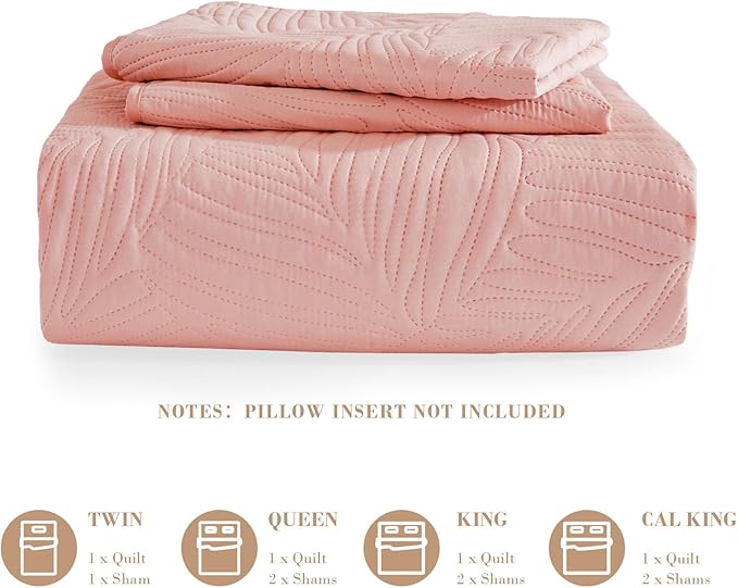 Exclusivo Mezcla California King Quilt Bedding Set, Lightweight Blush Pink Quilts Cal Oversized King Size for All Seasons, Soft Microfiber Bedspreads Coverlets with Leaf Pattern, 3 Piece