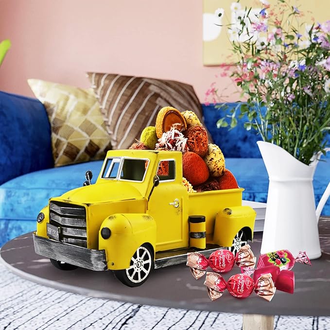 Sunflower Metal Truck with Artificial Flower Vintage Farm Pickup Farmhouse Tabletop Tiered Tray Decor, Rustic Farmhouse Decor for Table Top Decor Home Kitchen(Yellow)