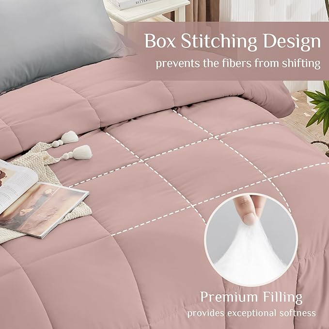 JOLLYVOGUE Twin Comforter Set, Ultra-Soft Bed in a Bag Twin Size 5 Pieces, Oeko-TEX Certified Bedding Set with Down Alternative Comforter, Sheets, Pillowcases & Shams, Pink & Light Grey