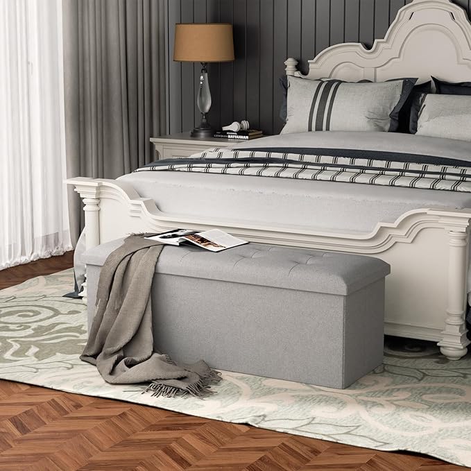 MoNiBloom 43 Inch Folding Storage Ottoman Bench, Linen Fabric Ottoman Footrest, Storage Chest, Padded Seat, End of Bed Bench for Living Room, Bedroom, Entryway, Light Gray