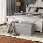 MoNiBloom 43 Inch Folding Storage Ottoman Bench, Linen Fabric Ottoman Footrest, Storage Chest, Padded Seat, End of Bed Bench for Living Room, Bedroom, Entryway, Light Gray