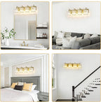 4-Lights Brushed Brass Bathroom Light Fixture Gold Vanity Lights Modern Crystal Bathroom Vanity Lighting Over Mirror Wall Sconce with K9 Crystal Shade E26 Base for Living Room, Bedroom Wall Lamp