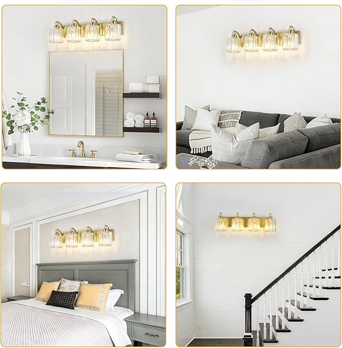 4-Lights Brushed Brass Bathroom Light Fixture Gold Vanity Lights Modern Crystal Bathroom Vanity Lighting Over Mirror Wall Sconce with K9 Crystal Shade E26 Base for Living Room, Bedroom Wall Lamp