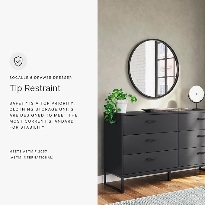 Signature Design by Ashley Socalle Modern 6-Drawer Dresser with Safety Stop, Black