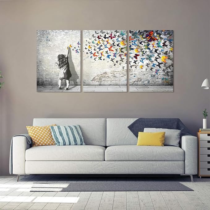 Novatique Graffiti Canvas Wall Art Banksy Wall Art Street Style Artwork Colorful Girl Butterfly Graffiti Decor Pop Pictures Painting for Living Room Office Wall Decor,20x28inchx3pcs