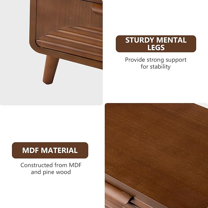 COSIEST Mid-Century Nightstand, Vintage Accent Furniture w 2 Storage Drawers, Modern End Table w Striped Pattern, Wood Small Accent Table for Bedroom, Living Room(Brown,2 Pieces)