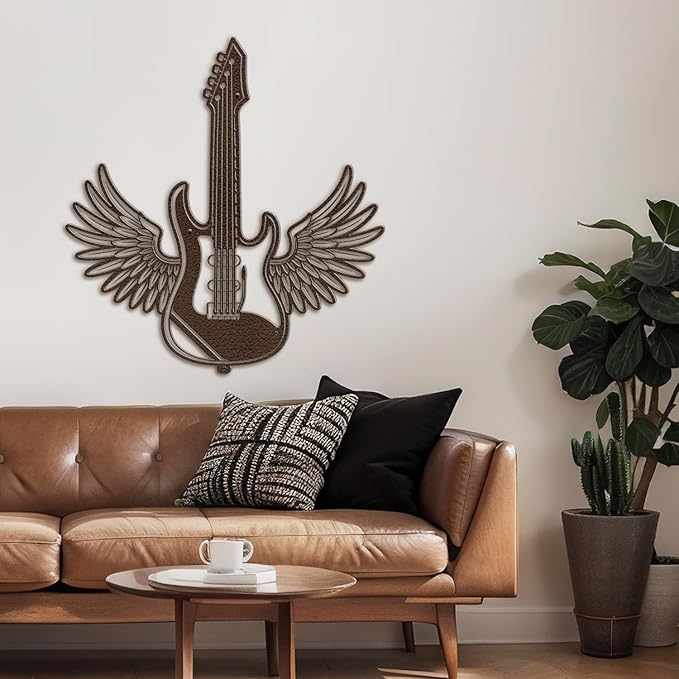 SIGNLEADER Metal Wall Art Decor - Electric Guitar with Wing Minimalist Modern Abstract Wall Sculpture Hanging Home Decoration for Living Room, Bedroom, Bathroom, Kitchen, Studio, Outdoor - 36" Bronze