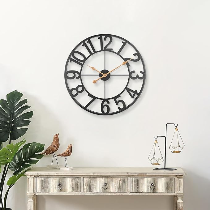 Large Clocks for Living Room Decor, Silent Non Ticking Wall Clocks Battery Operated, 18 Inch Decorative Analog Metal Indoor Outdoor Wall Clock for Kitchen, Bedroom, Office, Patio - Black