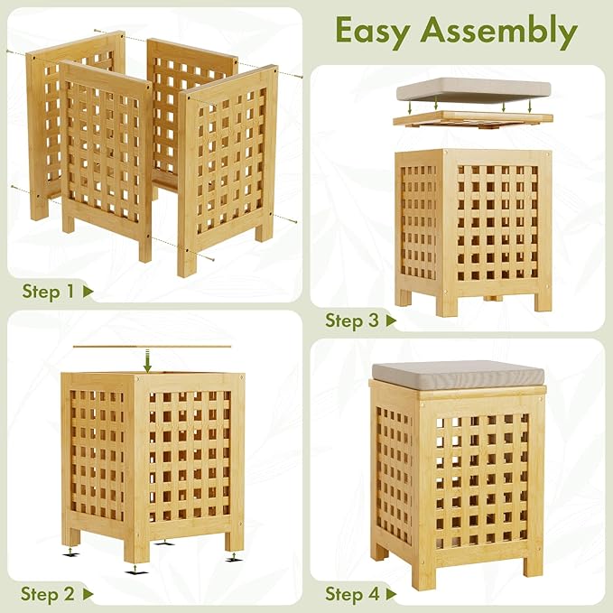 Bamboo End Table with Removable Cushion and Hidden Storage, 2-in-1 Ottoman Side Table with Breathable Grid Design for Small Space, Living Room, Bedroom, Balcony, Entryway