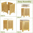 Bamboo End Table with Removable Cushion and Hidden Storage, 2-in-1 Ottoman Side Table with Breathable Grid Design for Small Space, Living Room, Bedroom, Balcony, Entryway