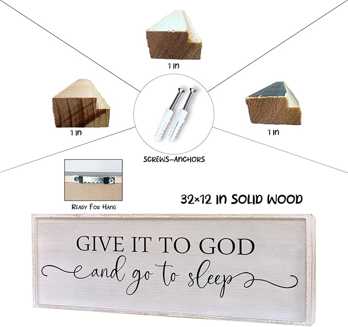 Surfapans Give It To God And Go To Sleep Sign Wall Decor Above Bed 32"x12" Master Bedroom Guest Room Over Bed Wood Rustic Framed Wall Art (White)