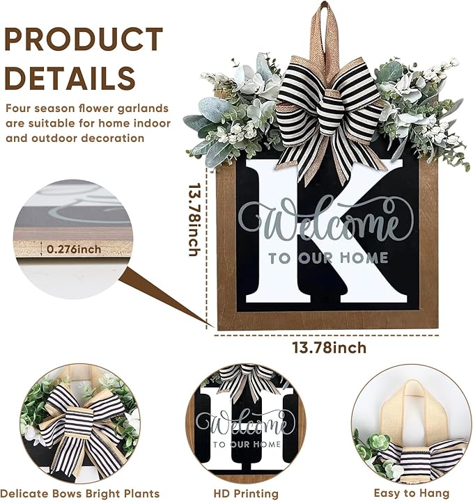 Ultra Large 14'' Last Name All Year Round Front Door Wreath with 26 Initial Letter Welcome Sign All Seasons Eucalyptus Garland and Bow Wreaths for Front Door Porch Farmhouse Decoration (K)