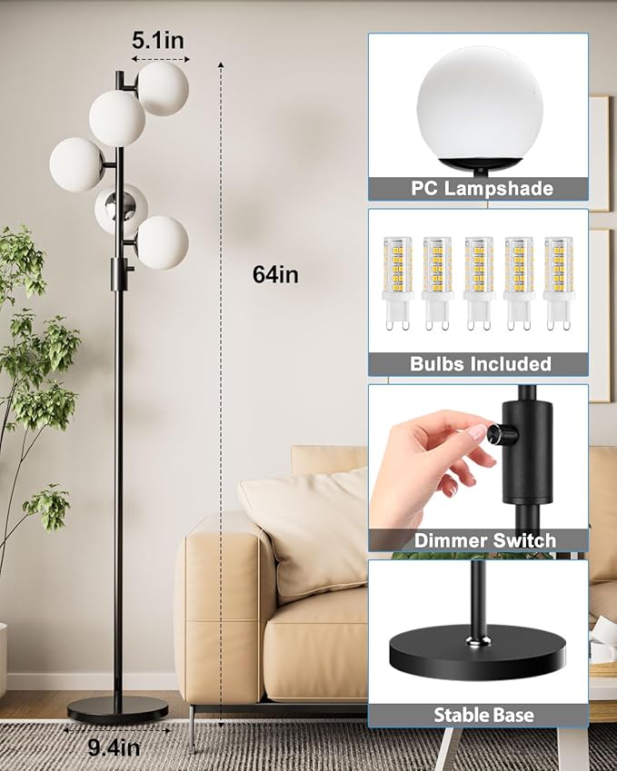 Lightdot 5-Globe Dimmable Globe Floor Lamp Black Retro Standing Lamps with 3000K Bulbs Included Brightness Adjustable Mid Century Modern Floor Lamp for Living Room/Bedroom/Sofa Beside/Corner Decor