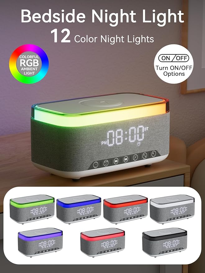 Bluetooth Speaker Alarm Clock with 10w Fast Wireless Charger for iPhone Samsung, 10W Stereo Bluetooth Speaker, 12-Color Night Light, White Noise Machine Digital Clock with FM Radio for Bedroom