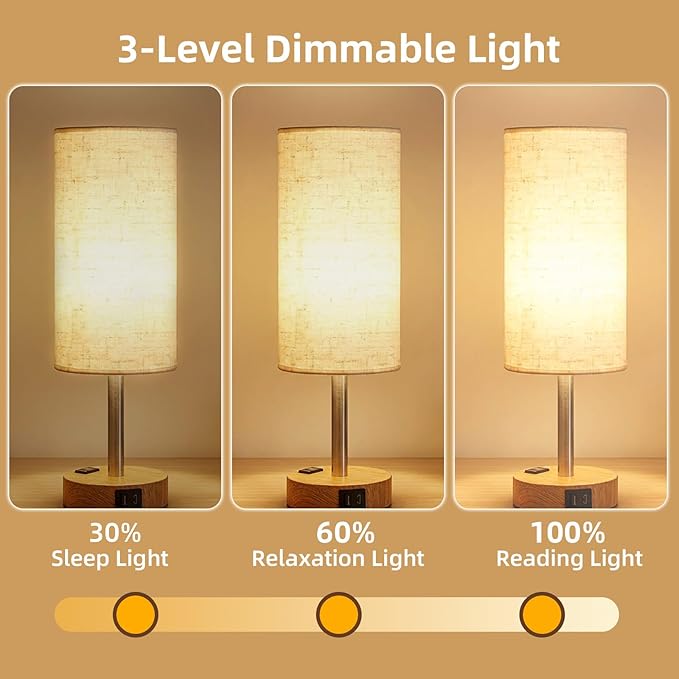 Bedside Table Lamp, High-Sensitivity Touch, 3-Level Dimmable Nightstand Lamp with AC Outlet | USB | and USB-C, Ideal Desk Lamp for Bedside, Bedroom, Reading, Living Room(LED Bulb) (Warm)