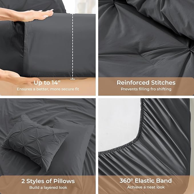 Sasttie Twin XL Comforter Set, 5-Piece Bed in a Bag, Pintuck Bedding Set for All Season, Includes Comforter, Flat Sheet, Fitted Sheet, Pillowcase and Pillowsham, Dark Grey