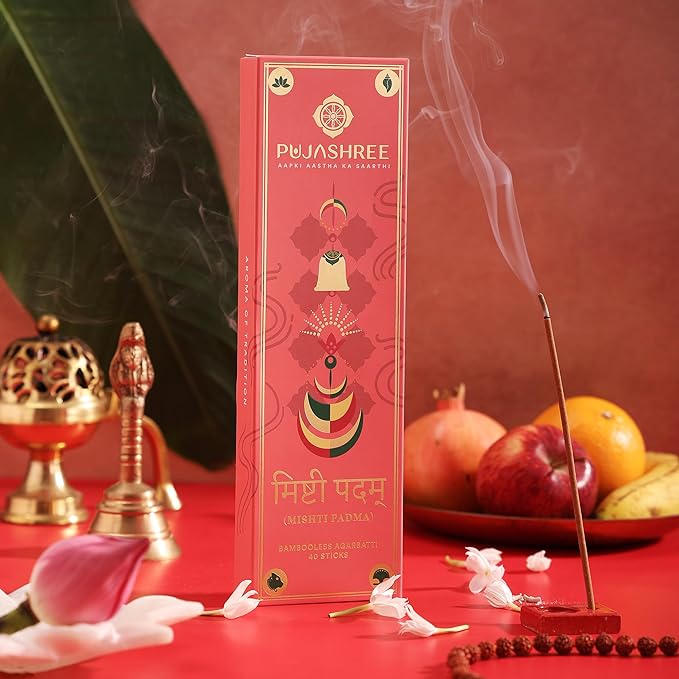 Pujashree Bambooless Agarbatti Incense Sticks 40 pcs 8 Inches | 100% Natural Charcoal Free Agarbatti Sticks | Long Lasting Burn | Woody Aroma | Neelgandha Fragrance (Mishti Padma)