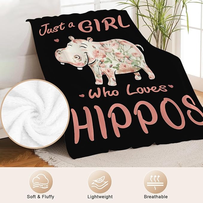 Hippo Blanket for Girls Women Just A Girl Who Loves Hippos Gifts Throw Blanket Lightweight Fuzzy Cozy Plush Flannel Fleece Blankets for Bed Decor 50"x60"
