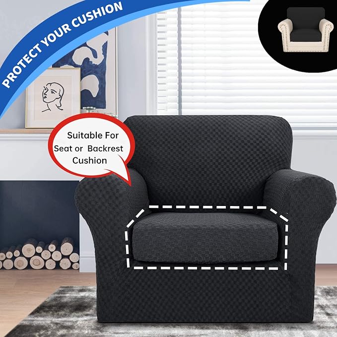 YEMYHOM Stretch Individual Cushion Covers Sofa Chair Seat Cushion Slipcovers Soft Couch Cover Replacement Large Checkered Furniture Protector with Elastic Bottom (1 Pc Cushion Cover, Black)