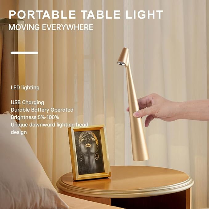 Cordless Small Table Lamps Set of 2,3 Levels Brightness Portable Desk Lamp,Rechargeable Battery Lights for Outdoor, Restaurant, Bedside, Baby Night Light,Gifts(Gold)