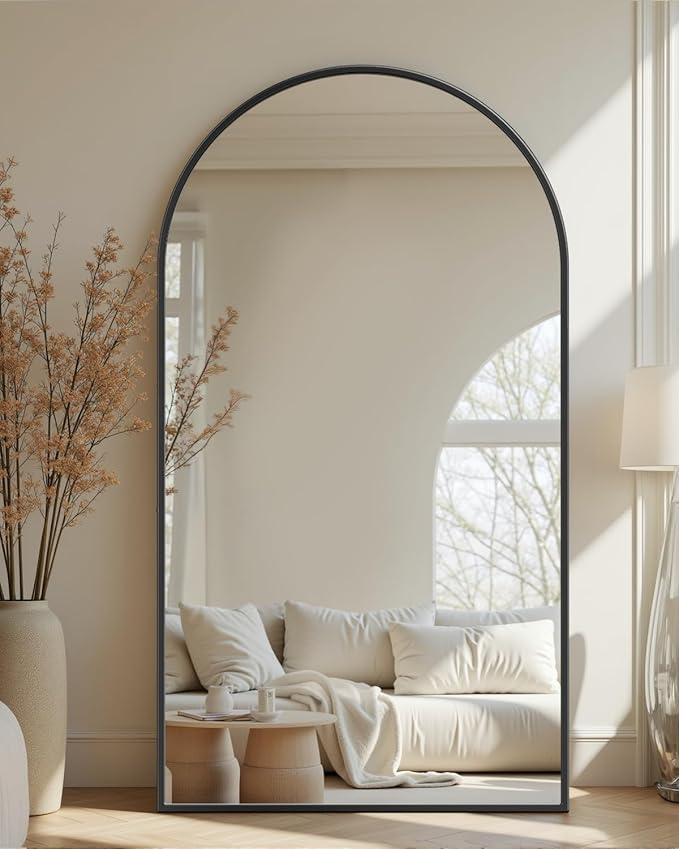 Full-Length Floor Mirror with Stand, 76"x44" Arched Style Full Body Standing Mirror for Bedroom, Living Room, Gym, Dorm - Shatter-Resistant & Easy Assembly, Black