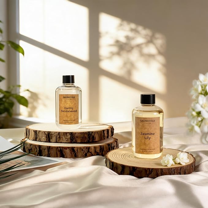Earthy Sandalwood Scented Reed Diffuser Oil Refill with 10 Sticks, 120 Days Long Lasting for Home, Elegant Fragrance for Bathroom Bedroom Office Decor Air Fresh, 6.7 fl oz / 200 ml