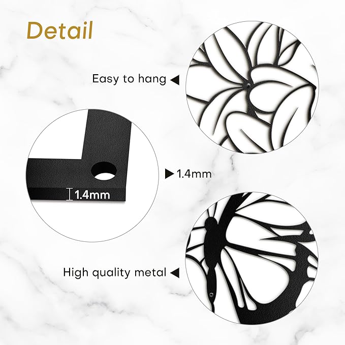SIGNLEADER Metal Wall Art Decor Butterfly and Flowers Minimalist Modern Abstract Wall Sculpture Hangings Home Decoration for Living Room, Bedroom, Bathroom, Kitchen, Outdoor - 24" Black