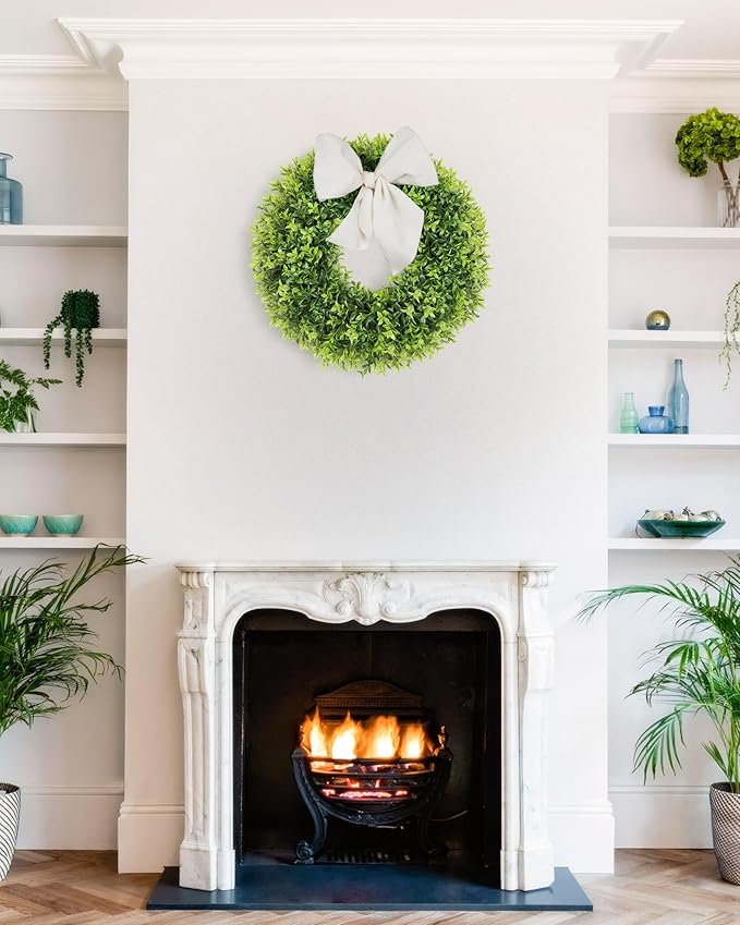 22 Inch Artificial Boxwood Wreaths for Front Door, Summer Door Wreath with Sash, Spring Green Wreath Weatherproof for Wall Window Porch Farmhouse Wedding Decor All Year Round Indoor Outdoor