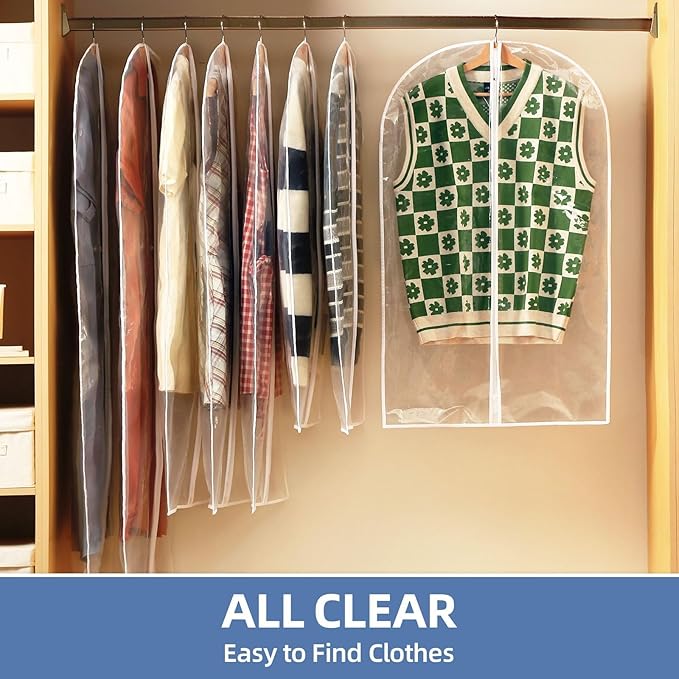 60" Dress Bags for Gowns, 5 Packs All Clear Garment Bags for Hanging Clothes, Plastic Waterproof Dress Cover with Zipper for Dresses, Coats, Uniforms (Set of 5)