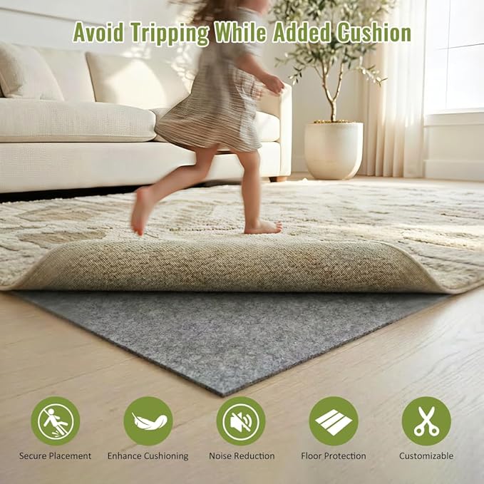 Felt Rug Pad with Gripper Dots, 2x6 Ft Non-Slip Rug Underpad with PVC Backing, 1/6" Thick Cushioned Carpet Pad Gripper for Hardwood Floors, Vinyl & Tile, Under Rug Padding Floor Protection