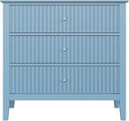 Large Muted Blue Fluted 3 Drawer Dresser Set of 2, Chest of Drawers with Ball Bearing Slide Modern 30 inch Tall Wood Nightstand with Spacious Storage for Bedroom Living Room Entryway